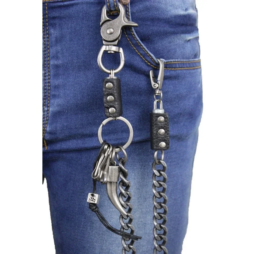 New Men Silver Metal Wallet Chain Bull Long Horn Western Skull Charm Biker Bold
